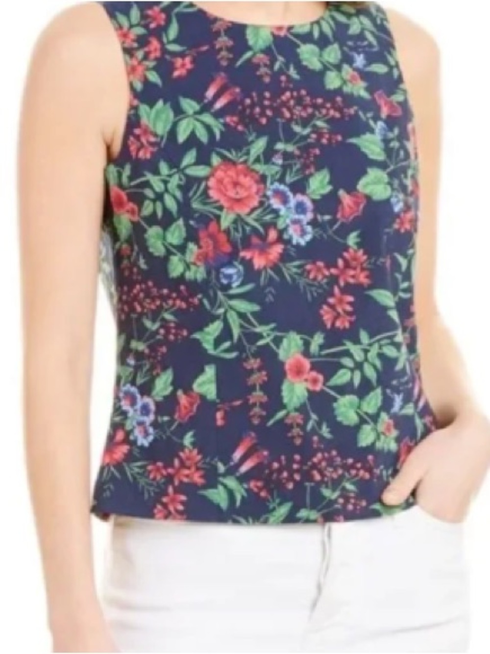 J. McLaughlin Amelia Navy/Multicolor Floral Stretch Sleeveless Top Size 4 Tank - Picture 4 of 12